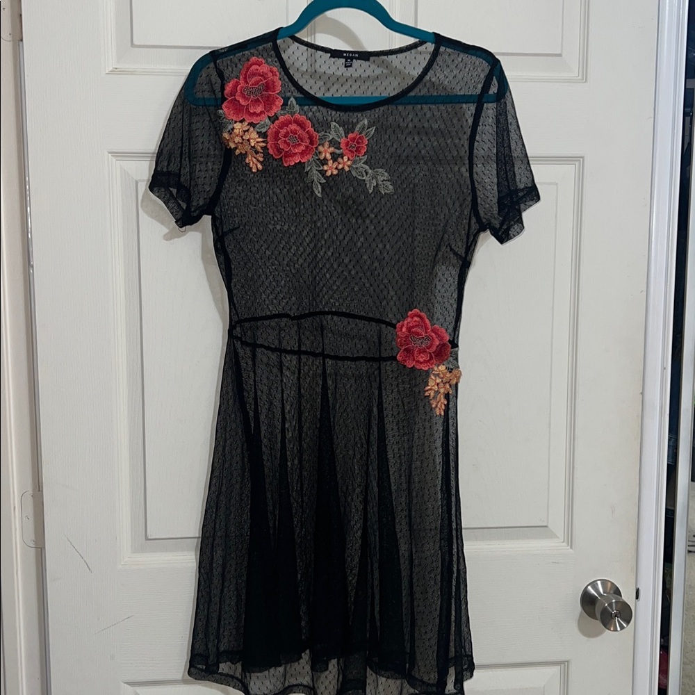 Meghan LA Black Mesh Dress with Floral Details